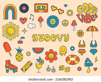 El verano de Groovy. stickers hippie retro de los años 70. Buenas vibraciones. Pegatinas coloridas y gruesas con cassette, patín de rodillos, corazones, flores, setas.