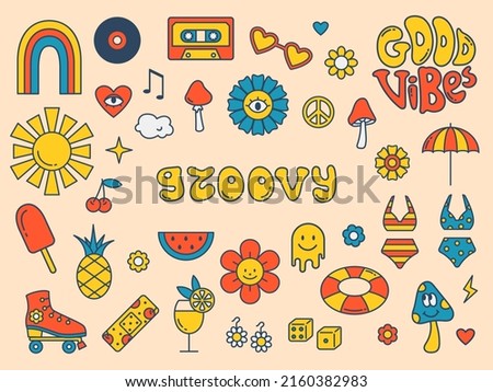 Groovy summer set. Retro 70s hippie stickers. Good vibes. Groovy colorful stickers with cassette, roller skate, hearts, flowers, mushrooms.
