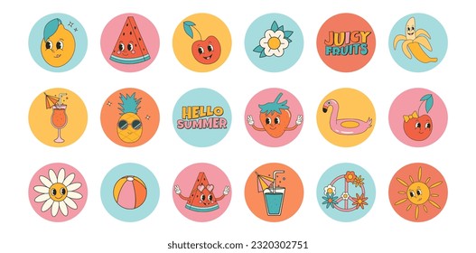 Groovy summer sticker collection with summer fruits and elements. Cartoon characters in trendy retro style, comic mascot characters.	
