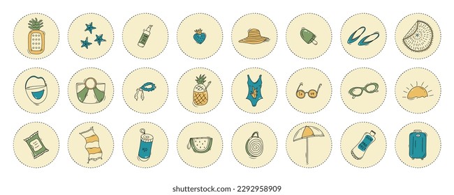 Groovy summer sticker pack. Doodle trendy travel illustrations in circles. Collection of sea travel stickers for planner
