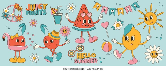 Groovy summer sticker set with summer fruits and elements. Cartoon characters in trendy retro style, comic mascot characters.	
