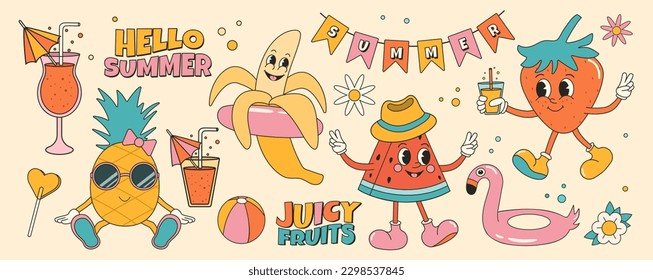 Groovy summer sticker set with summer fruits and elements. Strawberry, watermelon, pineapple, banana. Cartoon characters in trendy retro style, comic mascot characters.	
