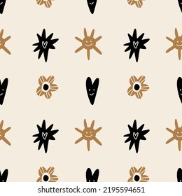 Groovy summer sun and flowers childish baby vector and jpg printable boho seamless pattern, unique repeat clipart illustration image, editable isolated details. Perfect for clothes design, wrapping