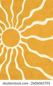 Groovy summer sun with wavy rays and vintage grainy texture