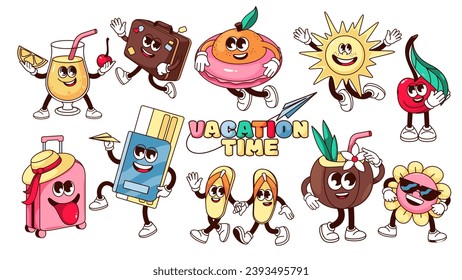 Groovy summer travel vacation stickers set vector illustration. Cartoon isolated retro tropical beach party collection, suitcase and summer drink, fruit and sun character with cute face, arms and legs