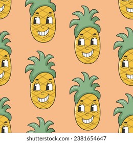 Groovy Summer Vector Print with Pineapples. 90s Fruit Funny Retro Groovy Pattern with Cartoon Hippie Character. Comic Character of Pineapple with a face. Sweet Juicy Fresh Fruits.