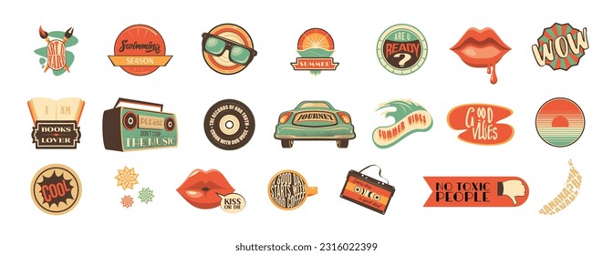 Groovy summer vibe sticker pack isolated on white background. Vector illustration of retro style patches with car, tape recorder, lips, vinyl plate, wave, sun, coffee cup and funny text. Trendy art