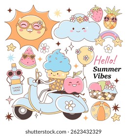 Groovy Summer Vibes, Retro Vacation Doodle Cartoon Style Hand Drawn Elements Vector