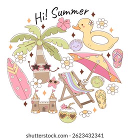 Groovy Summer Vibes, Retro Vacation Doodle Cartoon Style Hand Drawn Elements Vector