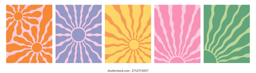 Groovy Paquete de fondo del sol con ráfaga Abstractas ondulada. Conjunto de patrón de busto de sol orgánico de Vector. Retro lindo color impresión gráfica. Diseño retro sunburst con texturas orgánicas de ondas