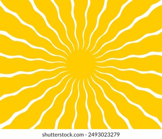 Groovy sun background. Wavy yellow rays. Sunburst, sunrise or sunset poster. Summer theme wallpaper. Modern psychedelic print. Positive vibes design. Vector flat illustration.