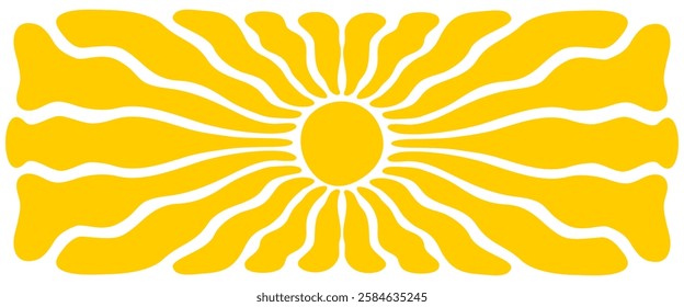 Groovy sun background. Wavy yellow rays. Sunburst, sunrise or sunset poster. Summer happy theme wallpaper. Modern preppy psychedelic print. Positive vibes design. Vector flat illustration.