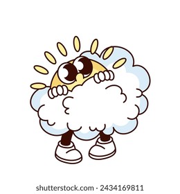 Groovy sun cartoon character hiding behind cloud. Funny retro shy morning sun peeking out from behind fluffy bubble, cloudy weather mascot, cartoon sticker of 70s 80s style vector illustration