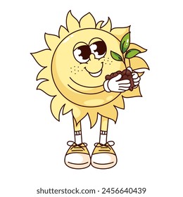 Groovy sun cartoon character holding soil with sprout. Funny retro happy sun taking care for plant with leaf. Ecology, sustainability mascot, cartoon sticker of 70s 80s style vector illustration