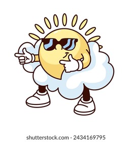 Personaje de dibujos animados de sol Groovy con gafas de sol y nube. Divertido sol amarillo retro con pose de baile cómico y rayos de sol, mascota nublado del tiempo del verano, etiqueta engomada de dibujos animados de los años 70 80 estilo ilustración vectorial