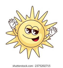 Groovy sun character vector illustration. Cartoon isolated retro summer sticker of funny sunshine, happy sunny psychedelic mascot with joy emotion on laughing face, hot sun emoticon with hippie vibe