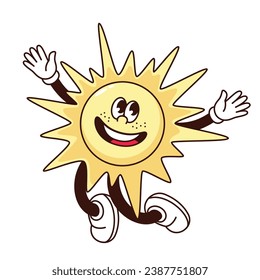 Groovy-sun Charakter, Vektorgrafik. Cartoon einzeln süßer, sonniger Urlaubsaufkleber, springendes Maskottchen der glücklichen Sommersonne mit sonnigem und funkigem Lächeln im Gesicht, Comic Emoji mit Armen und Beinen