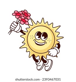 Groovy sun character vector illustration. Cartoon isolated retro happy sunny sticker of hot sun jumping with summer flowers surprise gift, funny kawaii emoji with cute face greeting with birthday