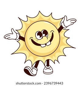 Groovy sun character vector illustration. Cartoon isolated retro sunny summer holidays sticker of happy sun with funny smile on face, sunshine and open arms for hug, weather mascot with arms and legs