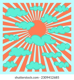 Groovy sun cloudy square banner Abstract retro line art aesthetic 70s style. Trendy 1960s color sunrise groove background. Psychedelic vintage design. Wallpaper hippy poster. Vector illustration