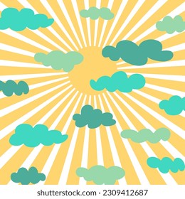 Groovy sun cloudy square banner Abstract retro line art aesthetic 70s style. Trendy 1960s color sunrise groove background. Psychedelic vintage design. Wallpaper hippy poster. Vector illustration