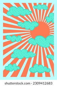 Groovy sun cloudy vertical poster Abstract retro line art aesthetic 70s style. Trendy 1960s color sunrise groove background. Psychedelic vintage design. Wallpaper hippy banner . Vector illustration