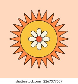 Groovy sun and daisy. Trending element in style of 70s. Emblem, icon, logo for applications, web design. Retro posters. Card, postcard, print. Y2k vintage vector illustration
