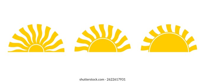 Groovy sun half shapes. Wavy yellow sunny rays. Sunrise or sunset symbols isolated on white background. Summer theme signs. Happy positive vibes concept. Vector flat illustration.