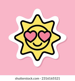 groovy sun with heart eyes sticker, yellow symbol with black outline, pink background, groovy aesthetic vector design element