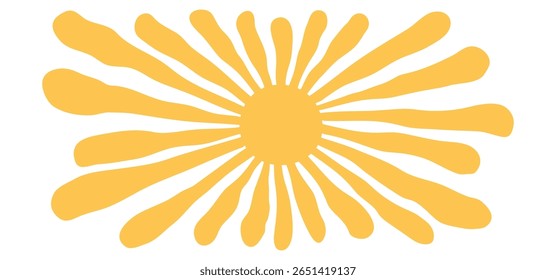 Groovy padrão do sol, plano de fundo de rajada retro, onda radial de verão, textura abstrata de luz do sol, vintage boho flower, desenho animado amarelo funky feixe imprimir. Positividade geométrica da luz bg. Ilustração vetorial