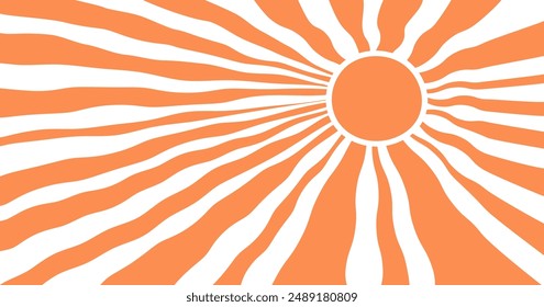 Groovy sun pattern, retro summer ray background, cartoon wave radial sunshine, orange vintage shape. Vector illustration