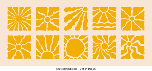 Groovy Sun Pattern Set. Vector Wavy Geometric Sunshine in 60s, 70s. Retro Abstract Background in Freehand Hippie Style for Logo, Print, Pattern, Poster, Web Design and Social Media