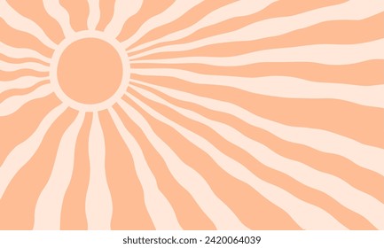 Groovy sun peach colour pattern, retro summer ray background, wave radial sunshine vintage shape. Cartoon pastel color bg. Vector illustration