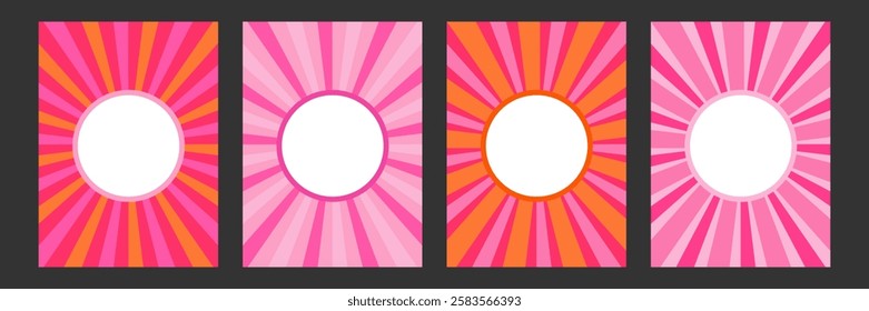 Groovy sun poster with white empty text box. Retro backgrounds with rays