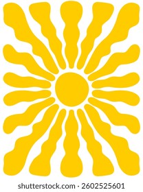 Groovy sun rays background. Sunburst, sunrise or sunset vertical poster. Spring or summer theme wallpaper. Good vibes concept. Modern funny print. Hippy design. Vector flat illustration.