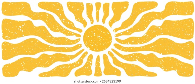 Groovy sun retro background. Wavy burst with grain texture. Hand drawn 60s, 70s style. Summer abstract banner in flat Matisse look. Vector pop art for vintage vibe.