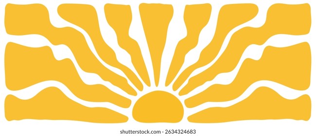 Groovy sun retro background. Wavy burst. Hand drawn 60s, 70s style. Summer abstract banner in flat Matisse look. Vector pop art for vintage vibe.