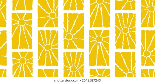 Groovy Sun Seamless Pattern Set. Vector Wavy Geometric Sunshine in 60s, 70s. Retro Abstract Background in Freehand Hippie Style for design, wrapping paper and fabric printing