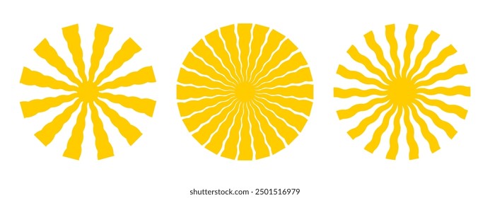 Groovy sun shapes with wavy rays. Sunburst, sunrise or sunset symbols in trendy y2k style. Cool summer theme icons isolated on white background. Modern psychedelic print. Vector flat illustration.