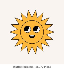 Groovy sun sticker. Retro sunshine with smiling face, funny hippie emoticon, cheerful yellow summer sunny icon. Vector cartoon emotion illustration.