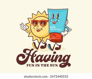 Groovy Sun and Sunscreen Cream Retro Characters. Cartoon Sun UV Protection Tube Walking Smiling Vector Summer Mascot Template. Happy Vintage Beach Personage Illustration. Isolated