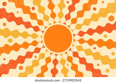 Sol estupendo con rayos de remolino. Patrón de vigas espirales retro. Abstractas cartel vintage de los años 70. Rayas onduladas radiales de verano. Fondo de pantalla sunburst con textura naranja y amarilla. Ilustración vectorial