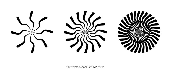 Groovy sun symbols. Round swirl icons. Fan, propeller, cooler, spinner or pinwheel toy signs. Wheel or gear disk symbols isolated on white background. Vector graphic illustration.