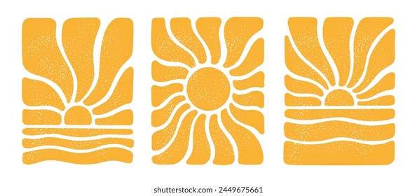 Groovy sun with waves. Yellow textured retro sun. Posters from the 70s and 60s. Hippie style. Summer vintage patterns