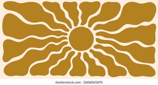 Groovy sun with wavy rays, Abstract retro pattern, Summer sun horizontal background