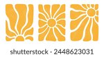 Groovy sun. Yellow textured retro sun. Posters from the 70s and 60s. Hippie style. Summer vintage patterns
