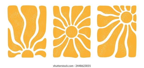 Groovy sun. Yellow textured retro sun. Posters from the 70s and 60s. Hippie style. Summer vintage patterns