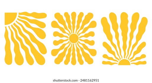 Groovy sun. Yellow textured retro sun. Posters from the 70s and 60s. Hippie style. Summer vintage patterns