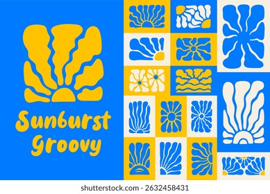 Groovy Sunburst Elements. Summer Hand Drawn Set with Wavy Rays, Poster Decor 