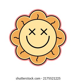 Groovy sunflower face flowers print on 70s style on white background. Vector doodle quirky illustration. Design for t shirt, card, flyer, banner